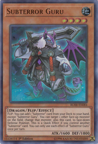 An Ultra Rare "Subterror Guru" card from the Yugioh Set: Battles of Legend: Hero's Revenge.