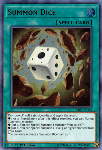 An Ultra Rare "Summon Dice" card from the Yugioh Set: Battles of Legend: Relentless Revenge (BLRR).