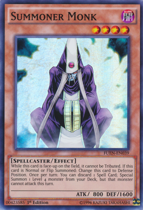A Super Rare "Summoner Monk" card from the Yugioh Set: Fusion Enforcers (FUEN).
