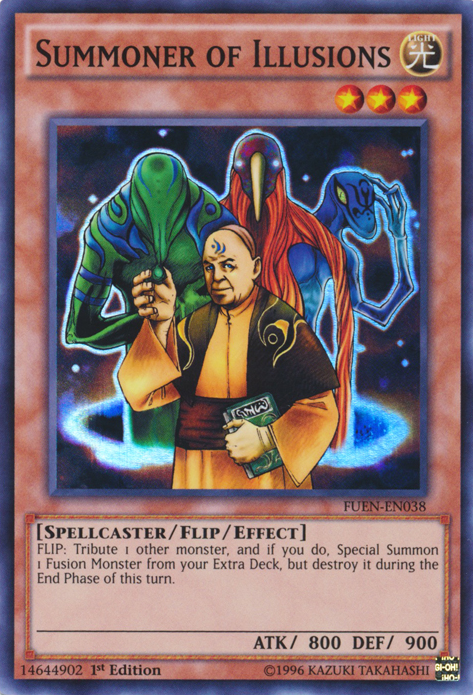 A Super Rare "Summoner of Illusions" card from the Yugioh Set: Fusion Enforcers (FUEN).