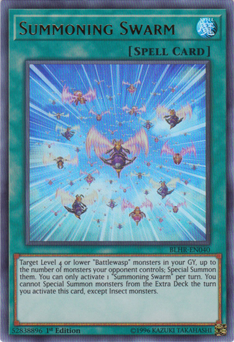 An Ultra Rare "Summoning Swarm" card from the Yugioh Set: Battles of Legend: Hero's Revenge.