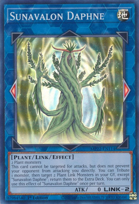 An Super Rare "Sunavalon Daphne" card from the Yugioh 2022 Tin of the Pharaoh's Gods Set (MP22).