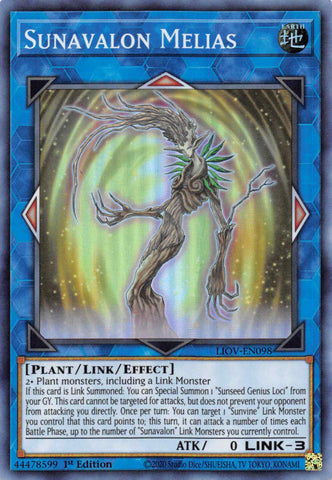 A Super Rare "Sunavalon Melias" card from the Yugioh Set: Lightning Overdrive.