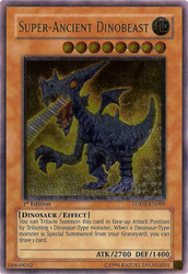 An Ultimate Rare "Super Ancient Dinobeast" card from the Yugioh Set: Light of Destruction (LODT).