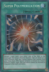 A Secret Rare "Super Polymerization" card from the Yugioh Set: Legendary Collection 2: The Duel Academy Years (LCGX).