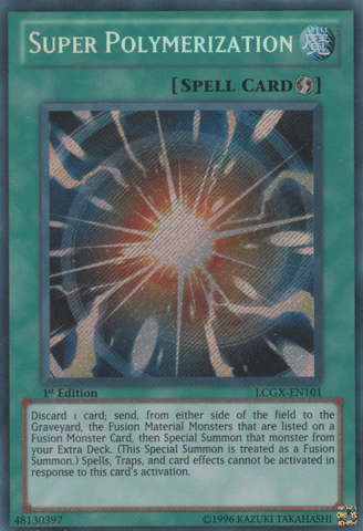 A Secret Rare "Super Polymerization" card from the Yugioh Set: Legendary Collection 2: The Duel Academy Years (LCGX).