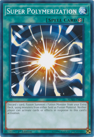 A Common "Super Polymerization" card from the Yugioh Structure Deck: Shaddoll Showdown.