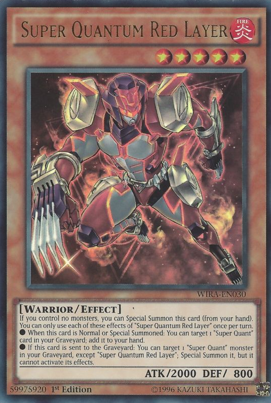 An Ultra Rare "Super Quantum Red Layer" card from the Yugioh Set: Wing Raiders (WIRA).