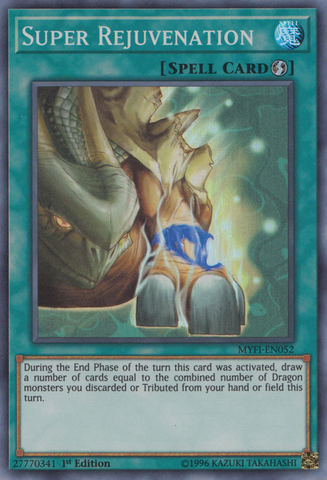 A Super Rare "Super Rejuvenation" card from the Yugioh Set: Mystic Fighters.