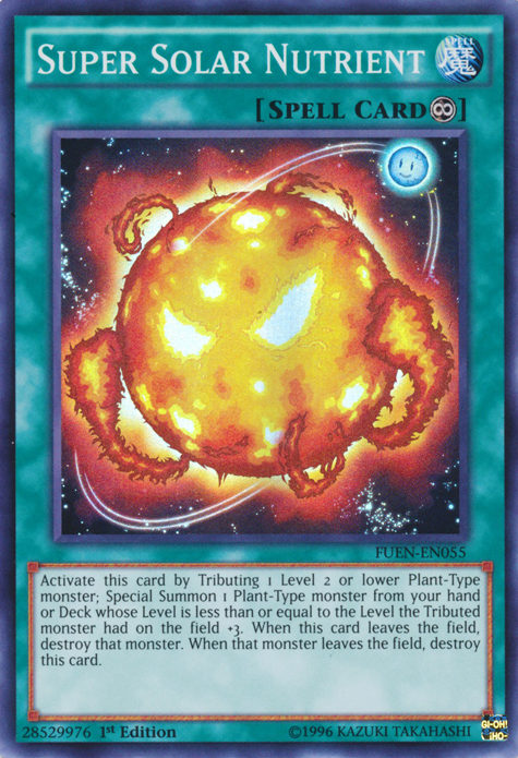 A Super Rare "Super Solar Nutrient" card from the Yugioh Set: Fusion Enforcers (FUEN).
