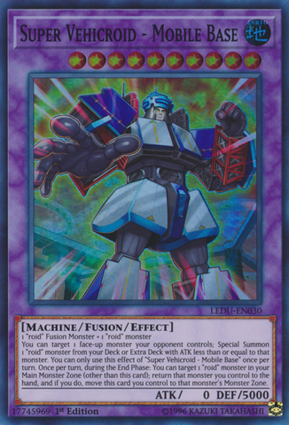 A Super Rare "Super Vehicroid - Mobile Base" card from the Yugioh Set: Legendary Duelists (LEDU).