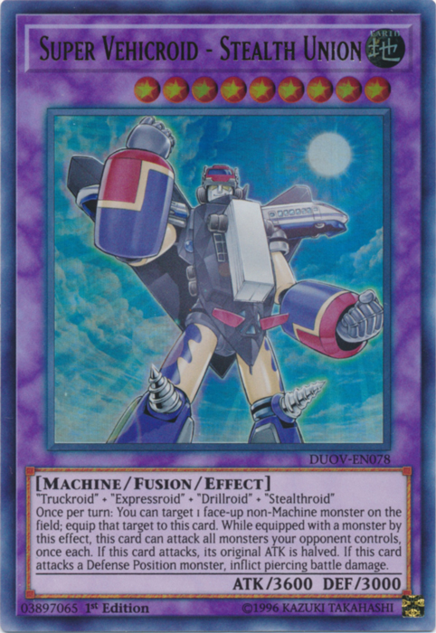 An Ultra Rare "Super Vehicroid - Stealth Union" card from the Yugioh Set: Duel Overload (DUOV).