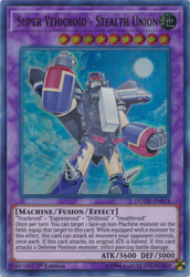 An Ultra Rare "Super Vehicroid - Stealth Union" card from the Yugioh Set: Duel Overload (DUOV).