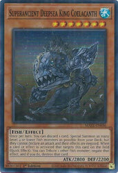 A Super Rare "Superancient Deepsea King Coelacanth" card from the Yugioh Set: Maze of Memories (MAZE).