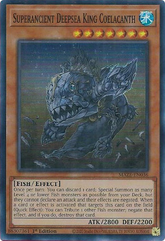 A Super Rare "Superancient Deepsea King Coelacanth" card from the Yugioh Set: Maze of Memories (MAZE).