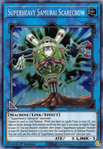  A Super Rare "Superheavy Samurai Scarecrow" card from the Yugioh 2021 Tin of Lost Memories.