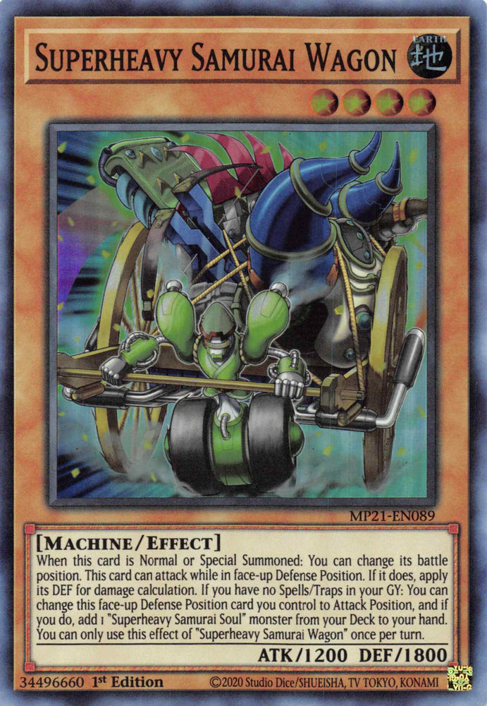  A Super Rare "Superheavy Samurai Wagon" card from the Yugioh 2021 Tin of Lost Memories.