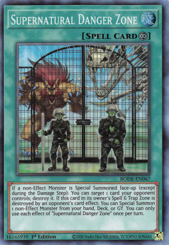  A Super Rare "Supernatural Danger Zone" card from the Yugioh Set: Burst of Destiny.