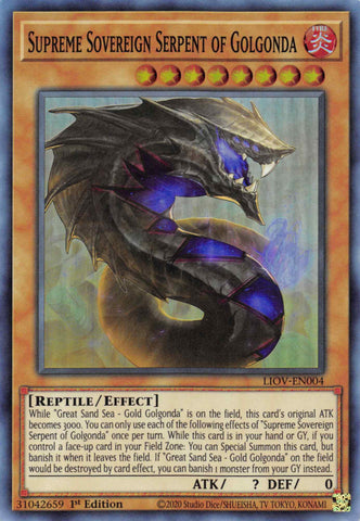 A Super Rare "Supreme Sovereign Serpent of Golgonda" card from the Yugioh Set: Lightning Overdrive (LIOV).