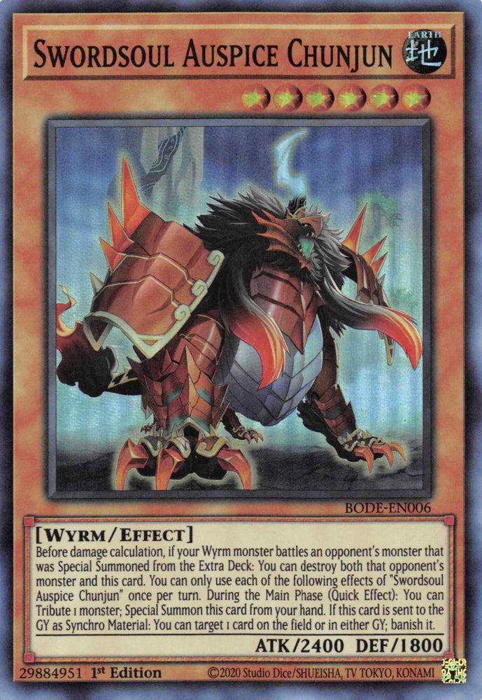  A Super Rare "Swordsoul Auspice Chunjun" card from the Yugioh Set: Burst of Destiny (BODE).