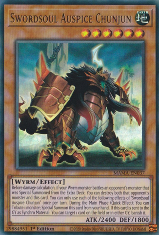 An Ultra Rare "Swordsoul Auspice Chunjun" card from the Yugioh Set: Magnificent Mavens (MAMA).
