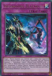 An Ultra Rare "Swordsoul Blackout" card from the Yugioh Set: Magnificent Mavens.