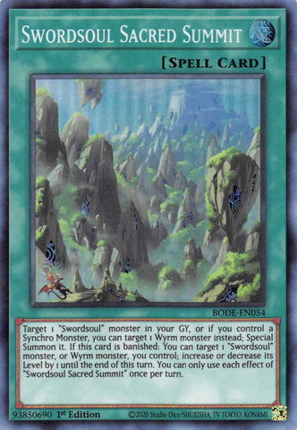  A Super Rare "Swordsoul Sacred Summit" card from the Yugioh Set: Burst of Destiny (BODE).