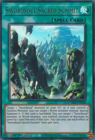 An Ultra Rare "Swordsoul Sacred Summit" card from the Yugioh Set: Magnificent Mavens (MAMA).