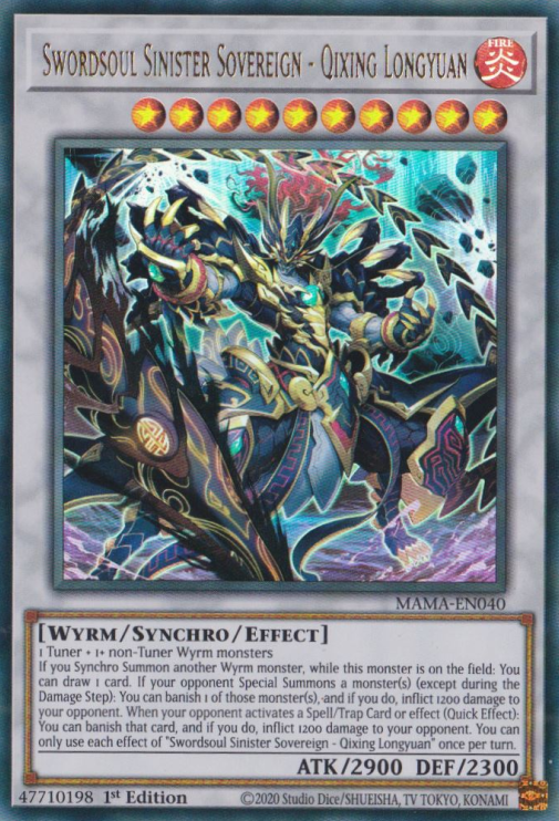 An Ultra Rare "Swordsoul Sinister Sovereign - Qixing Longyuan" card from the Yugioh Set: Magnificent Mavens (MAMA).
