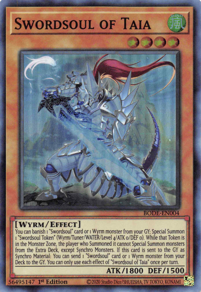  A Super Rare "Swordsoul of Taia" card from the Yugioh Set: Burst of Destiny (BODE).
