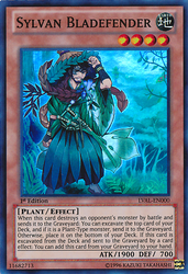 A Super Rare "Sylvan Bladefender" card from the Yugioh Set: Legacy of the Valiant (LVAL).