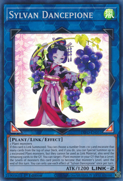  A Super Rare "Sylvan Dancepione" card from the Yugioh Set: Dimension Force.