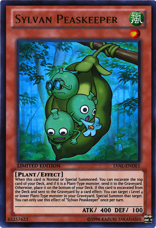 An Ultra Rare "Sylvan Peaskeeper" card from the Yugioh Set: Legacy of the Valiant (LVAL).