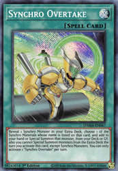  A Secret Rare "Synchro Overtake" card from the Yugioh Set: Dawn of Majesty (DAMA).