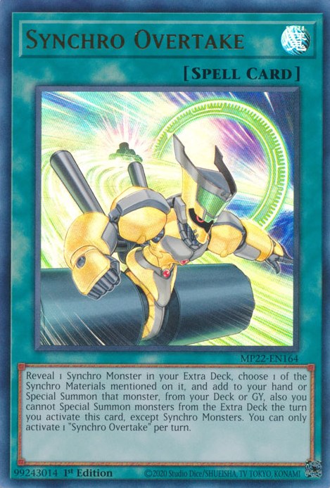 An Ultra Rare "Synchro Overtake" card from the Yugioh 2022 Tin of the Pharaoh's Gods Set.