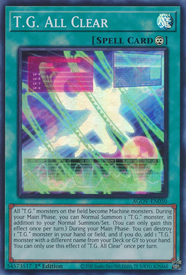 A Super Rare "T.G. All Clear" card from the Yugioh Set: Age of Overlord.