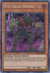 A Secret Rare "T.G. Gear Zombie" card from the Yugioh Set: Battles of Legend: Hero's Revenge (BLHR).