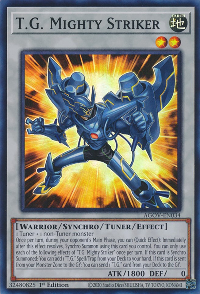 A Super Rare "T.G. Mighty Striker" card from the Yugioh Set: Age of Overlord.