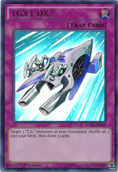 An Ultra Rare "TGX3-DX2" card from the Yugioh Set: Legendary Collection 5D's (LC5D).