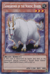 A Secret Rare "Tanngrisnir of the Nordic Beasts" card from the Yugioh Set: Legendary Collection: 5D's (LC5D).