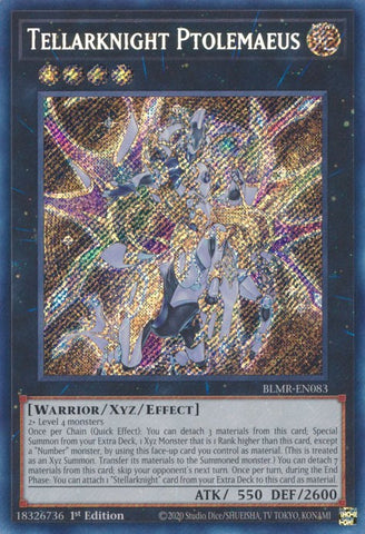 A Secret Rare "Tellarknight Ptolemaeus" card from the Yugioh Set: Battles of Legend: Monstrous Revenge.