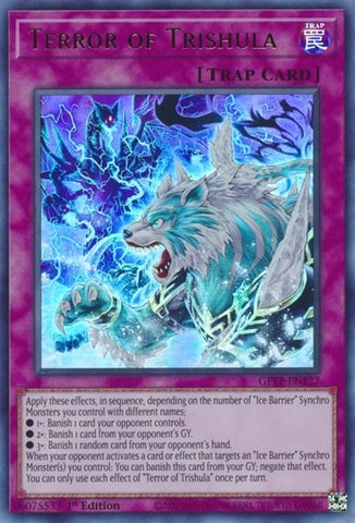 An Ultra Rare "Terror of Trishula" card from the Yugioh Set: Ghosts From the Past (GFTP).