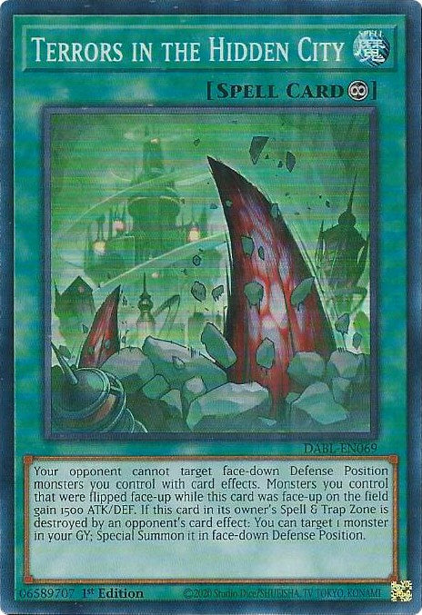 A Super Rare "Terrors in the Hidden City" card from the Yugioh Set: Darkwing Blast (DABL).