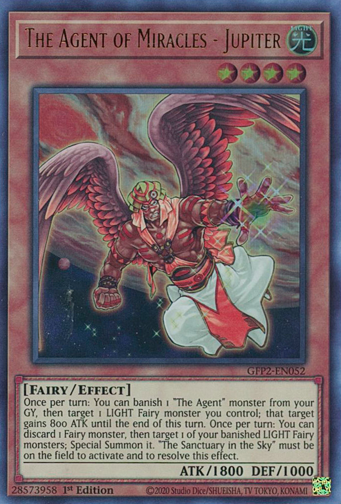  An Ultra Rare "The Agent of Miracles - Jupiter" card from the Yugioh Set: Ghosts From the Past: The 2nd Haunting (GFP2).