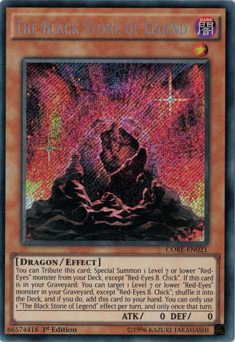A Secret Rare "The Black Stone of Legend" card from the Yugioh Set: Clash of Rebellions (CORE).