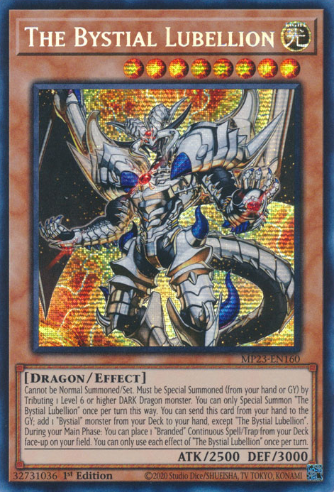 A Prismatic Secret Rare "The Bystial Lubellion" card from the Yugioh Dueling Heroes Mega-Tin Mega Pack.