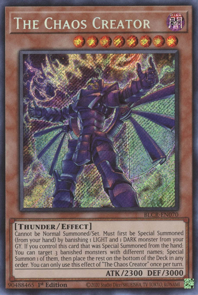 A Secret Rare "The Chaos Creator" card from the Yugioh Set: Battles of Legend: Crystal Revenge (BLCR).
