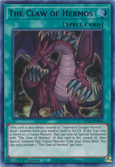 An Ultra Rare Blue "The Claw of Hermos" card from the Yugioh Set: Dragons of Legend: The Complete Series.