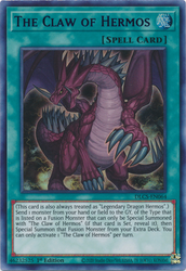 An Ultra Rare Blue "The Claw of Hermos" card from the Yugioh Set: Dragons of Legend: The Complete Series.