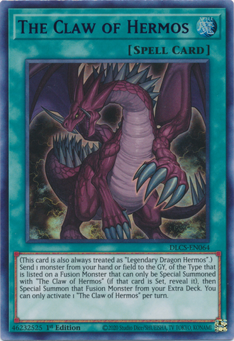 An Ultra Rare Blue "The Claw of Hermos" card from the Yugioh Set: Dragons of Legend: The Complete Series.